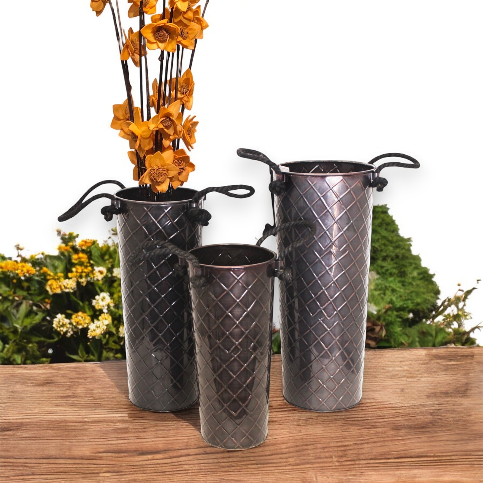 Set of 3 Glossy Bronze Rope Handled Flower Buckets